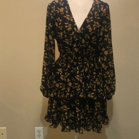 Black & Gold Floral Long Puffed Sleeve Dress Elastic Waist Layered Ruffle Hem-L - Picture 2 of 14